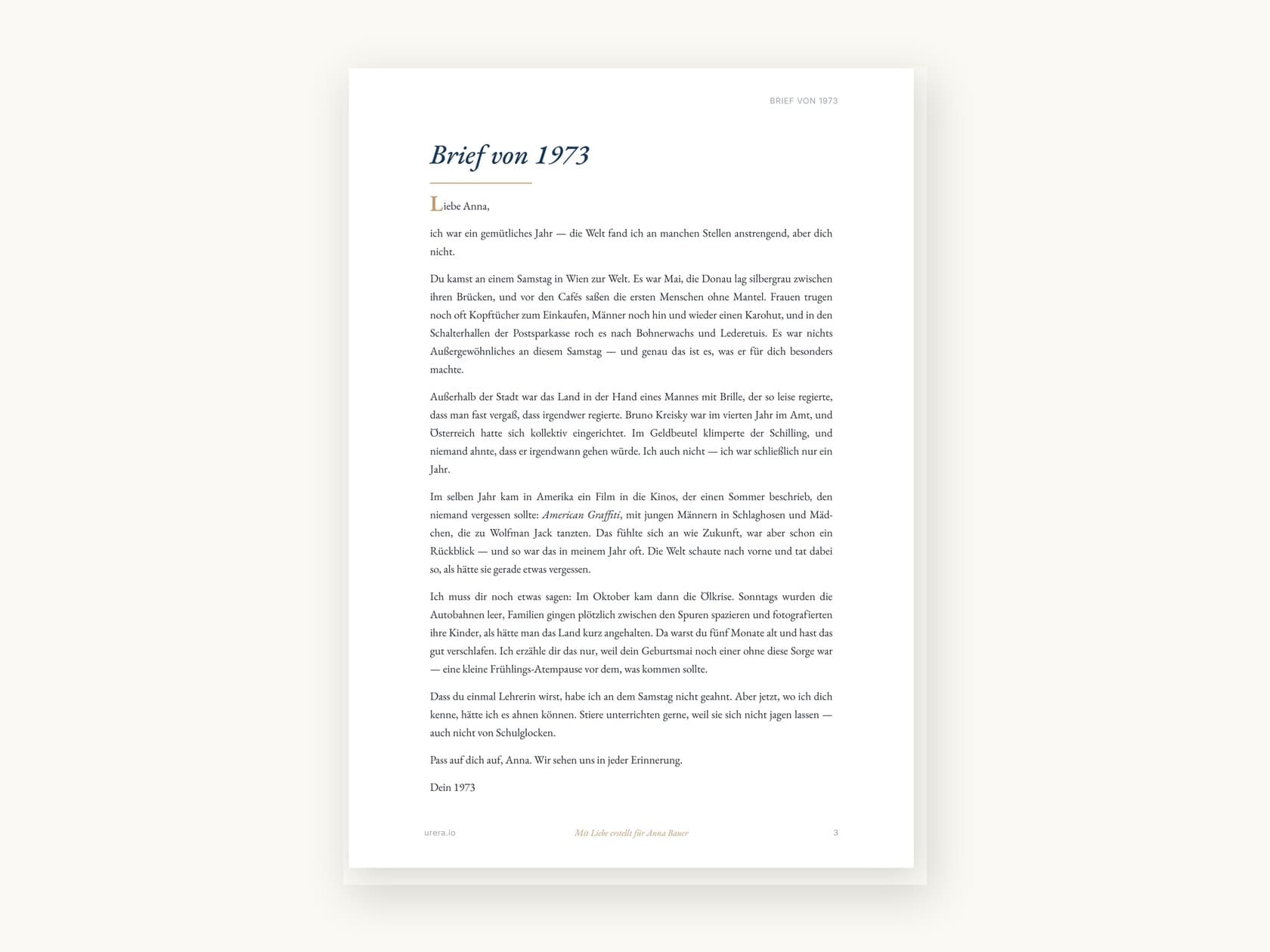 Die erste Seite des Berichts: ein persönlicher Brief an die beschenkte Person.